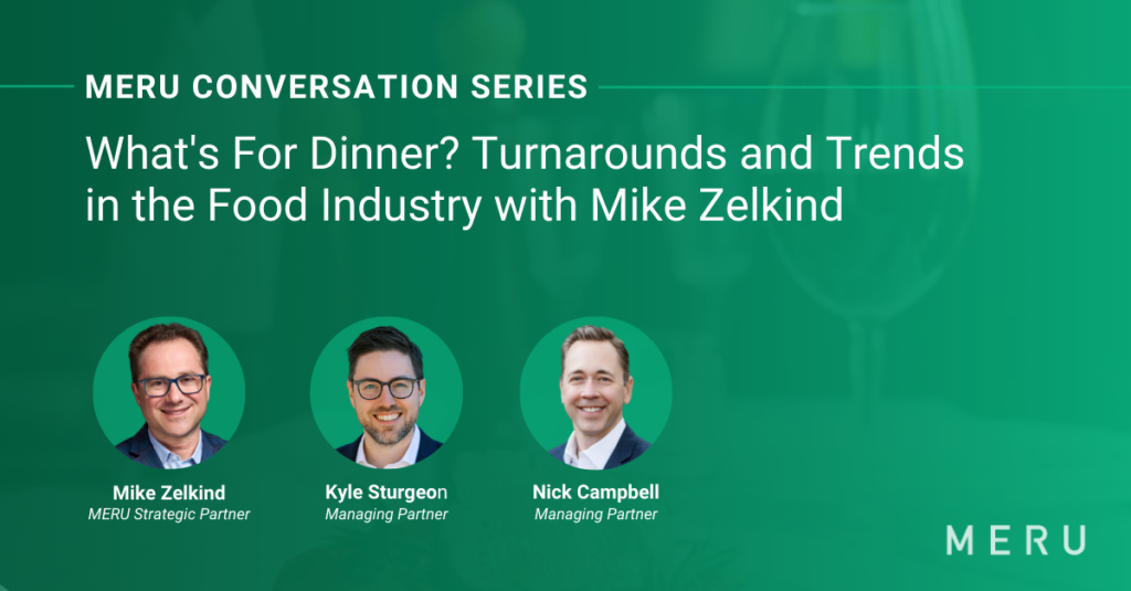 Graphic for MERU Conversation Series: What's For Dinner_ Turnarounds And Trends in the Food Industry with Mike Zelkind. Features image of Mike Zelkind, & MERU's Kyle Sturgeon & Nick Campbell.