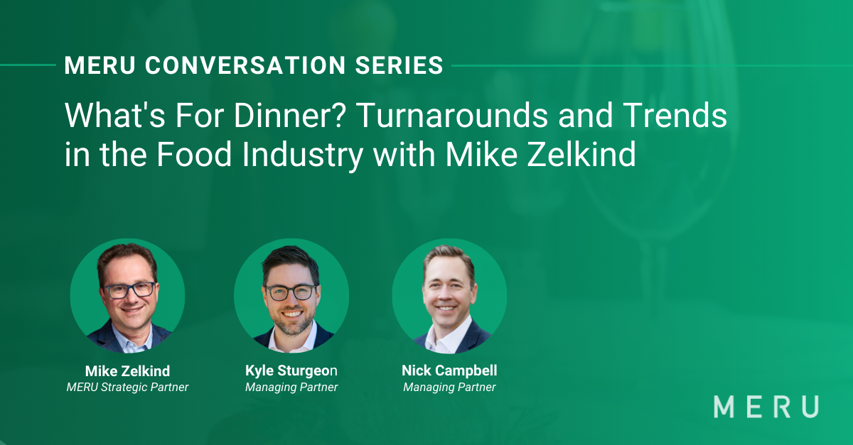Graphic for MERU Conversation Series: What's For Dinner_ Turnarounds And Trends in the Food Industry with Mike Zelkind. Features image of Mike Zelkind, & MERU's Kyle Sturgeon & Nick Campbell.