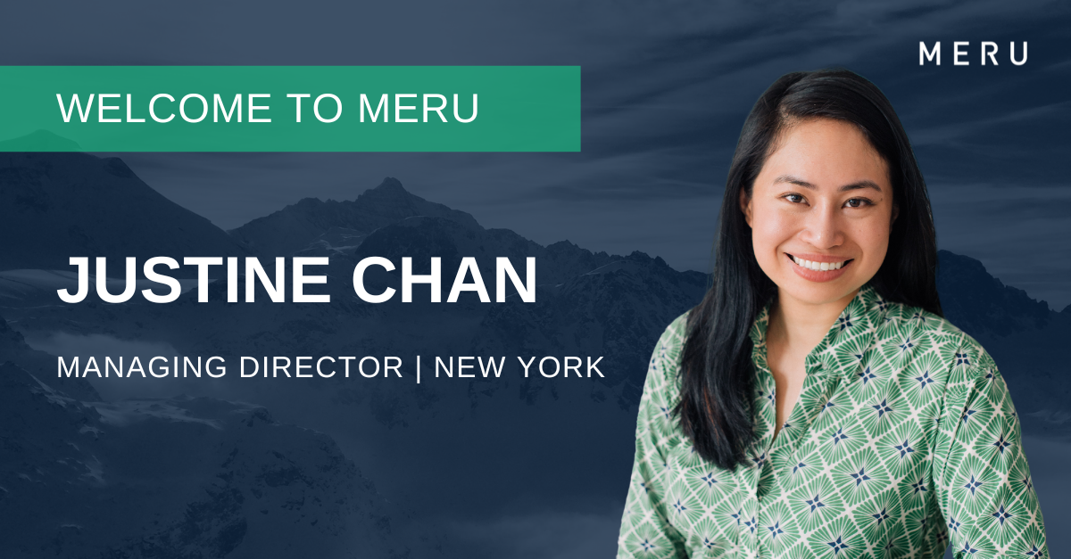 Graphic with an image of Justine Chan welcoming her to MERU.